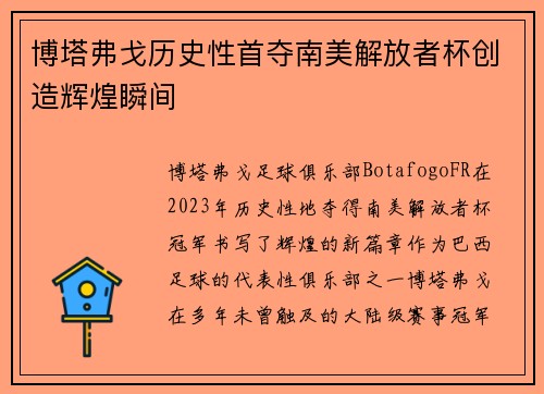 博塔弗戈历史性首夺南美解放者杯创造辉煌瞬间