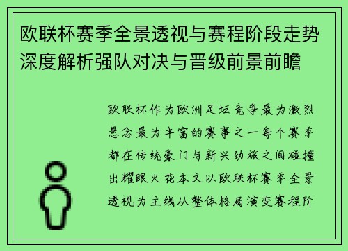欧联杯赛季全景透视与赛程阶段走势深度解析强队对决与晋级前景前瞻